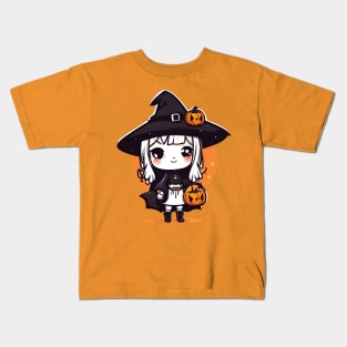 Witchcraft cute anime characters Chibi style with pumpkin Halloween Kids T-Shirt